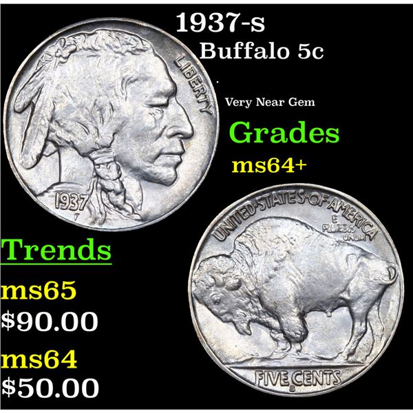 1937-s Buffalo Nickel 5c Grades Choice+ Unc