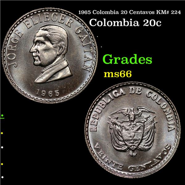 1965 Colombia 20 Centavos KM# 224 Grades GEM+ Unc