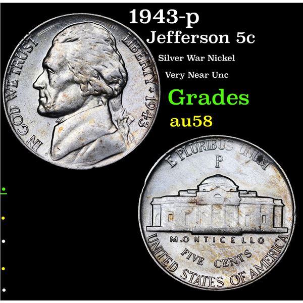 1943-p Jefferson Nickel 5c Grades Choice AU/BU Slider