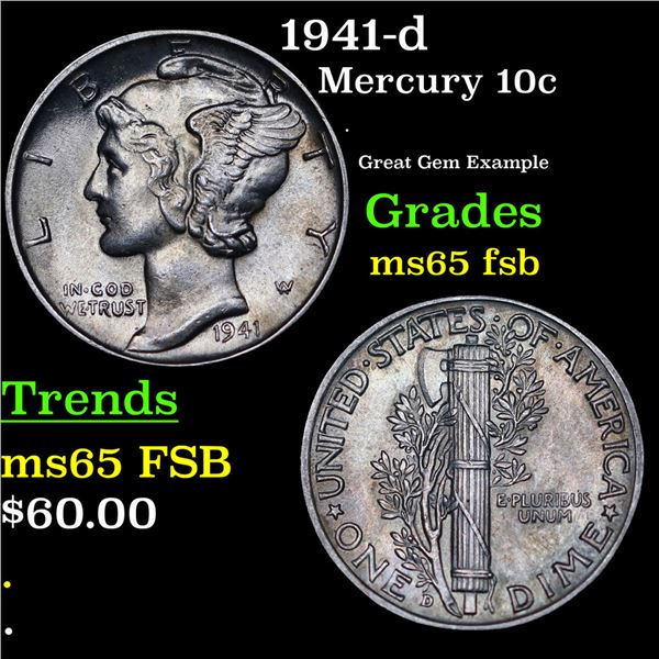 1941-d Mercury Dime 10c Grades GEM FSB