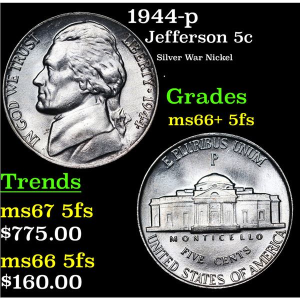 1944-p Jefferson Nickel 5c Grades GEM++ 5fs