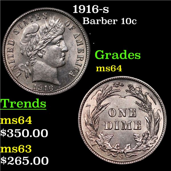 1916-s Barber Dime 10c Grades Choice Unc