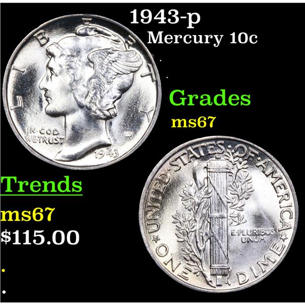 1943-p Mercury Dime 10c Grades GEM++ Unc