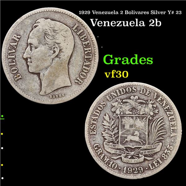 1929 Venezuela 2 Bolivares Silver Y# 23 Grades vf++