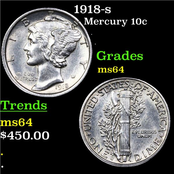 1918-s Mercury Dime 10c Grades Choice Unc