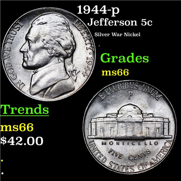 1944-p Jefferson Nickel 5c Grades GEM+ Unc