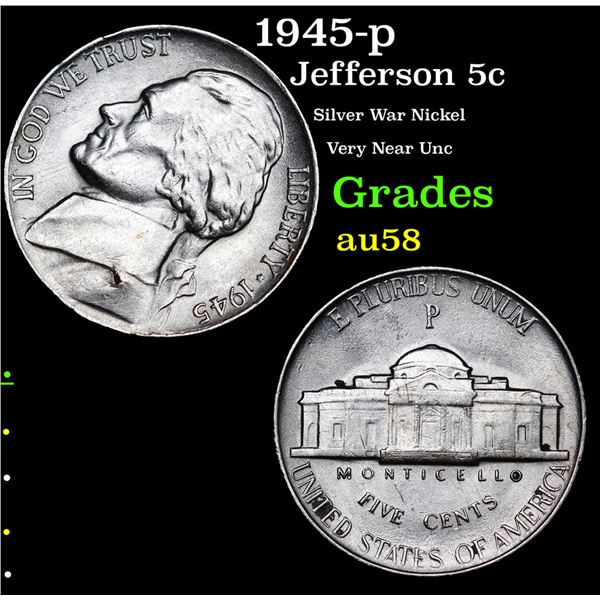 1945-p Jefferson Nickel 5c Grades Choice AU/BU Slider