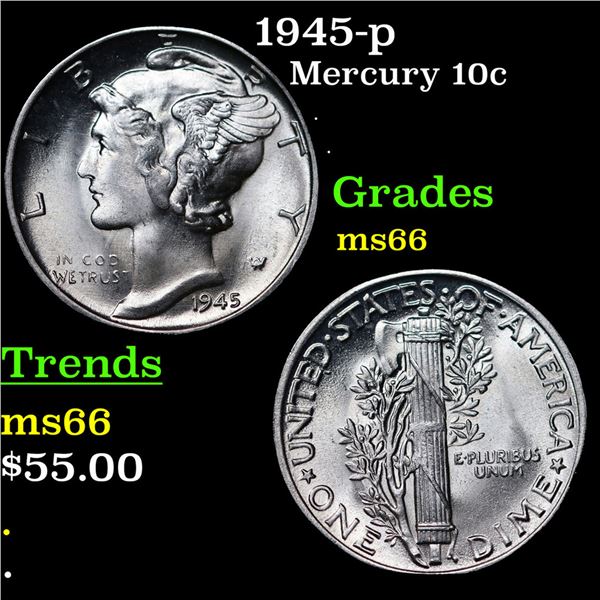 1945-p Mercury Dime 10c Grades GEM+ Unc