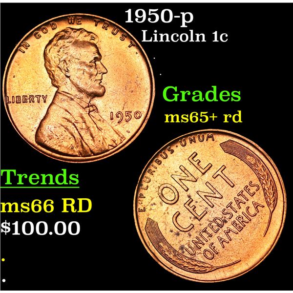 1950-p Lincoln Cent 1c Grades Gem+ Unc RD