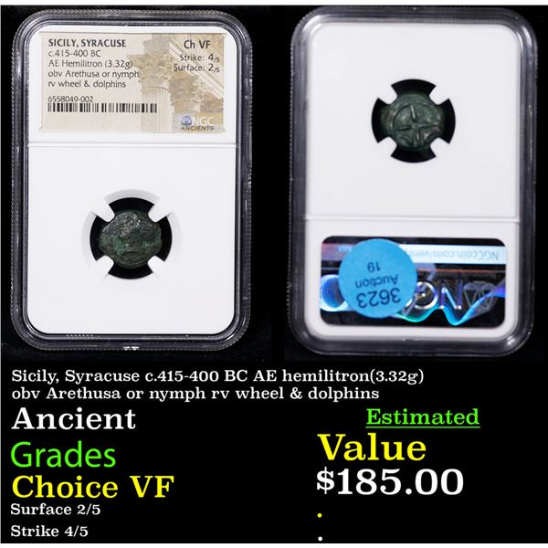 NGC Sicily, Syracuse c.415-400 BC AE hemilitron(3.32g) obv Arethusa or nymph rv wheel & dolphins Gra