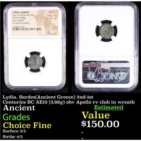 NGC Lydia. Sardes(Ancient Greece) 2nd-1st Centuries BC AE15 (3.88g) obv Apollo rv club in wreath Gra
