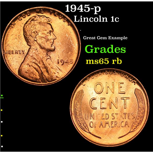 1945-p Lincoln Cent 1c Grades GEM Unc RB