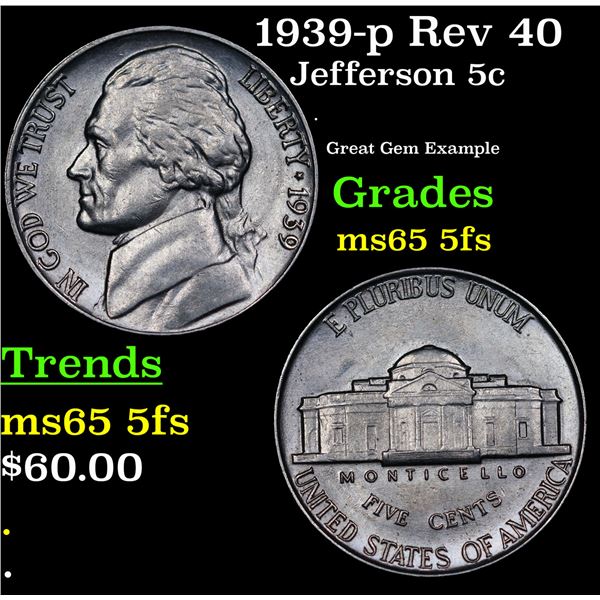 1939-p Jefferson Nickel Rev 40 5c Grades GEM 5fs