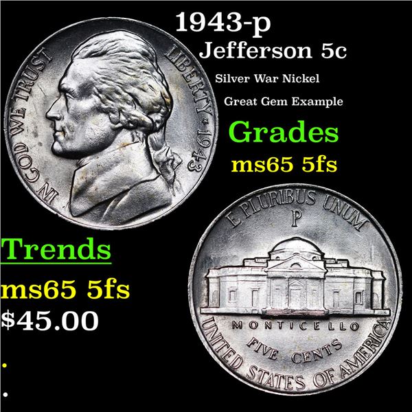 1943-p Jefferson Nickel 5c Grades GEM 5fs