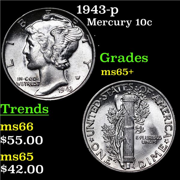1943-p Mercury Dime 10c Grades GEM+ Unc