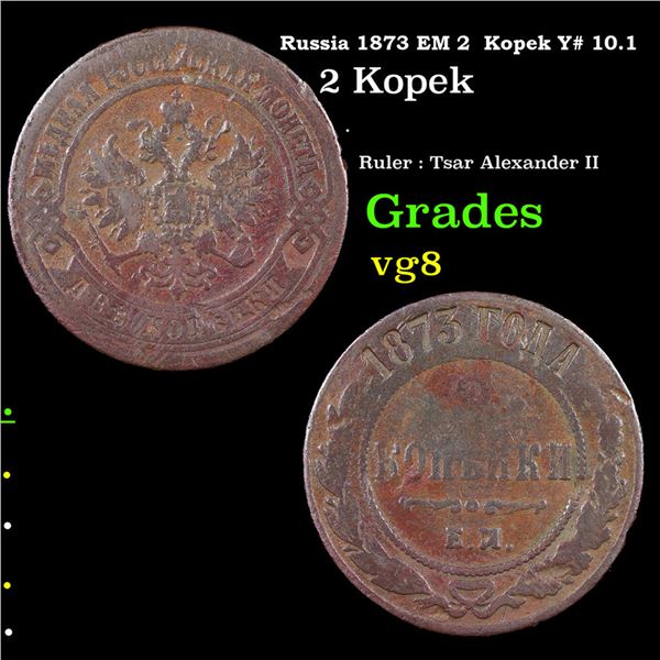 Russia 1873 EM 2  Kopek Y# 10.1 Grades vg, very good