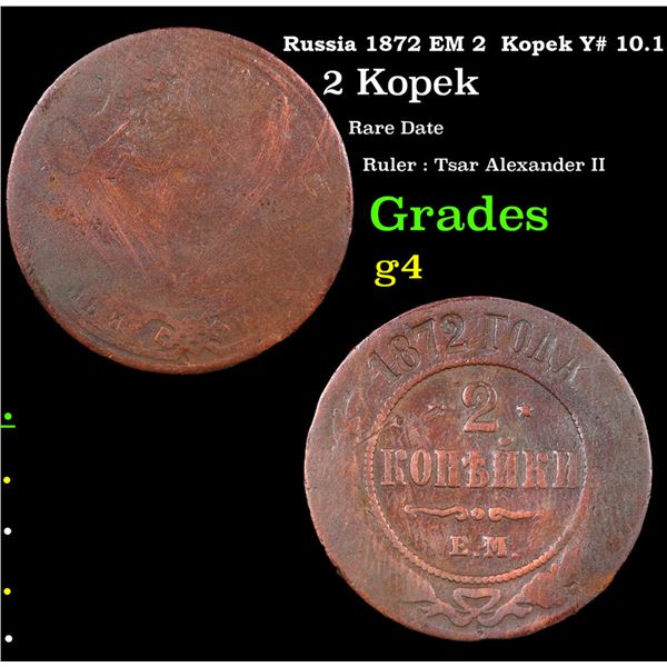 Russia 1872 EM 2  Kopek Y# 10.1 Grades g, good