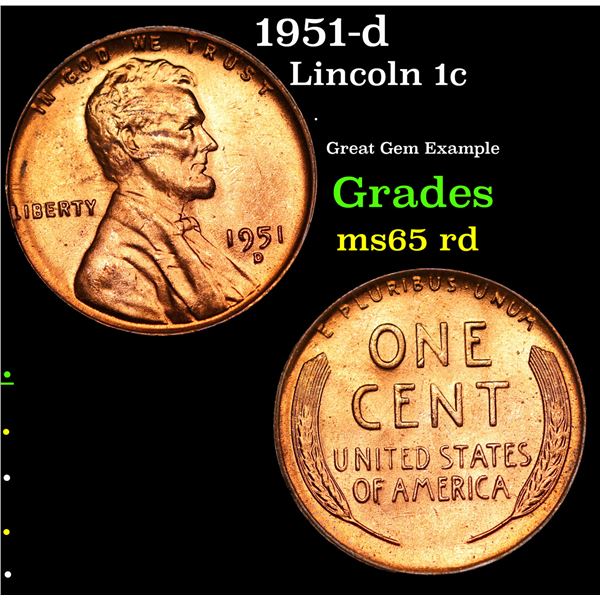1951-d Lincoln Cent 1c Grades GEM Unc RD