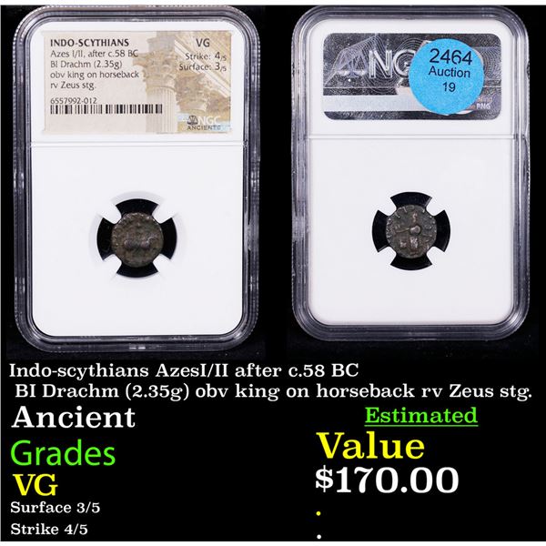 NGC Indo-scythians AzesI/II after c.58 BC BI Drachm (2.35g) obv king on horseback rv Zeus stg. Grade