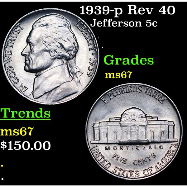 1939-p Jefferson Nickel Rev 40 5c Grades GEM++ Unc