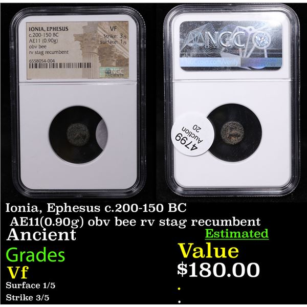 NGC Ionia, Ephesus c.200-150 BC AE11(0.90g) obv bee rv stag recumbent Graded Vf By NGC