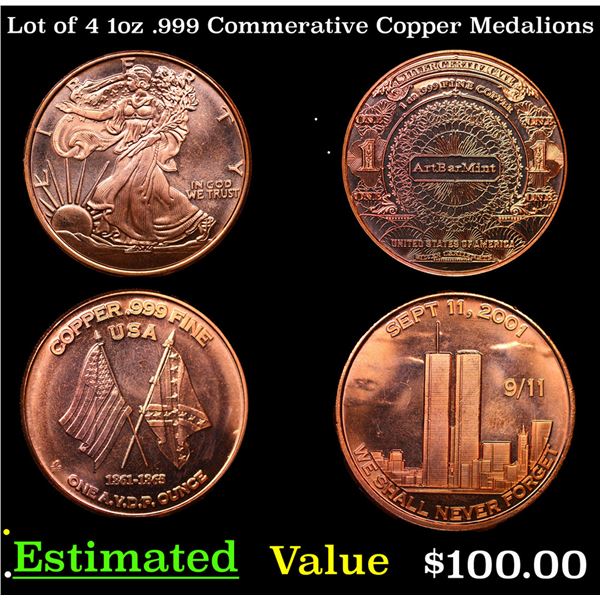 Lot of 4 1oz .999 Commerative Copper Medalions