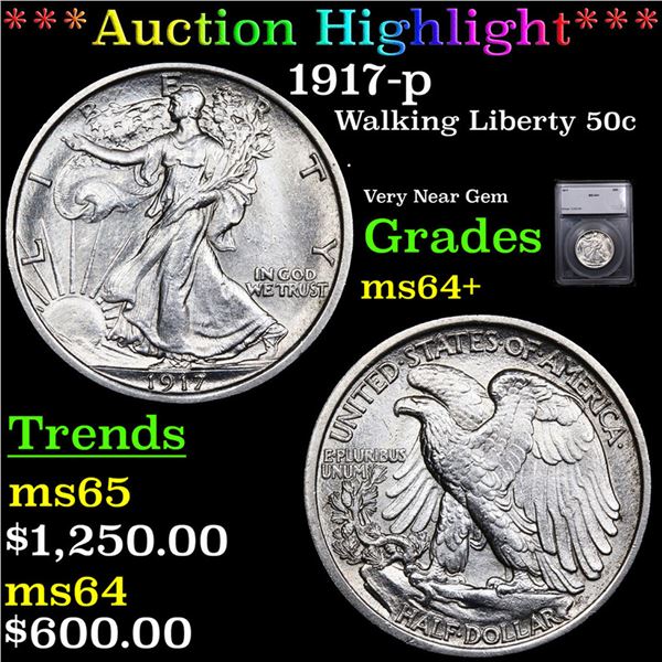 ***Auction Highlight*** 1917-p Walking Liberty Half Dollar 50c Graded ms64+ BY SEGS (fc)