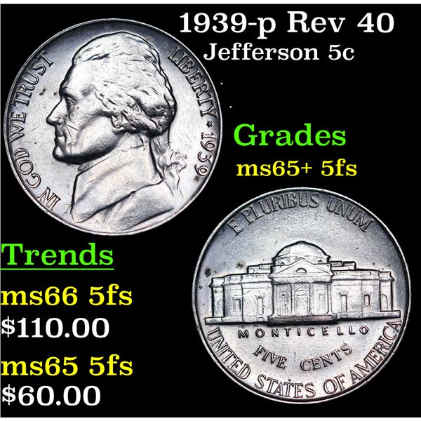 1939-p Jefferson Nickel Rev 40 5c Grades GEM+ 5fs