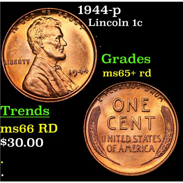 1944-p Lincoln Cent 1c Grades Gem+ Unc RD