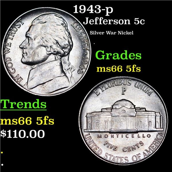 1943-p Jefferson Nickel 5c Grades GEM+ 5fs