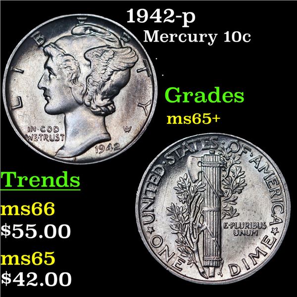 1942-p Mercury Dime 10c Grades GEM+ Unc