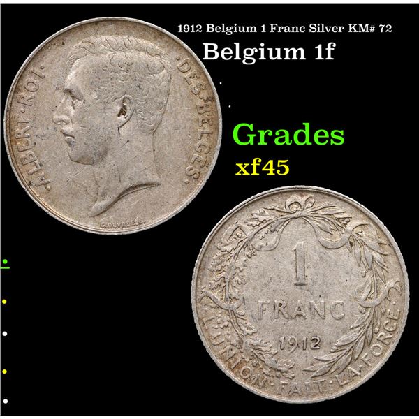 1912 Belgium 1 Franc Silver KM# 72 Grades xf+