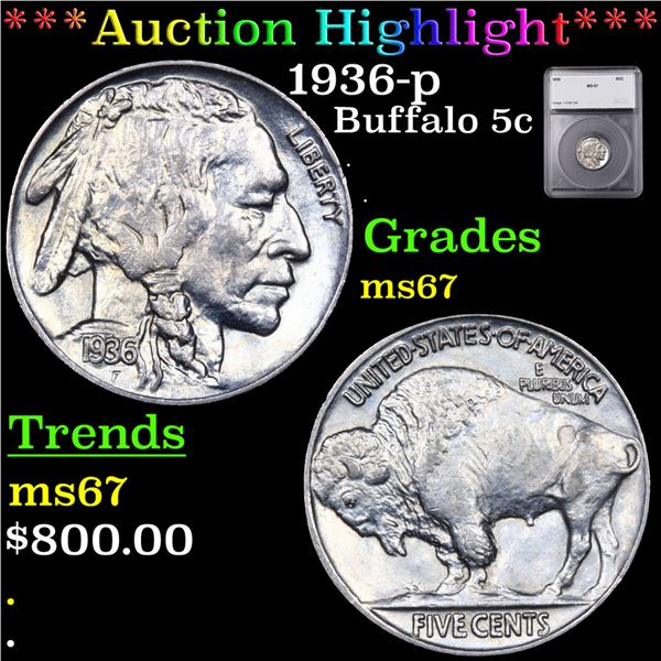 ***Auction Highlight*** 1936-p Buffalo Nickel 5c Graded ms67 BY SEGS (fc)