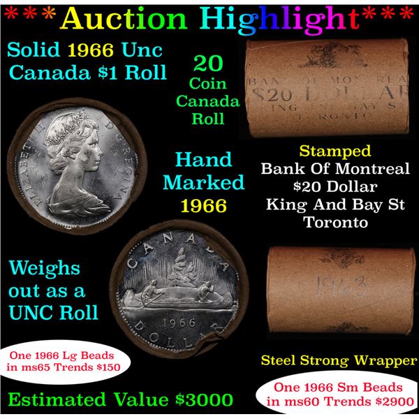 ***Auction Highlight*** Full Roll of Silver 1966 Canadian Dollar with Queen Elizabeth II, 20 Coins i