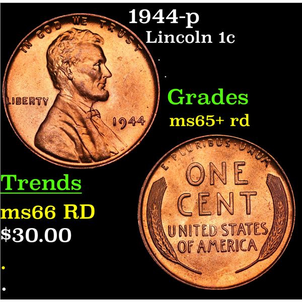 1944-p Lincoln Cent 1c Grades Gem+ Unc RD