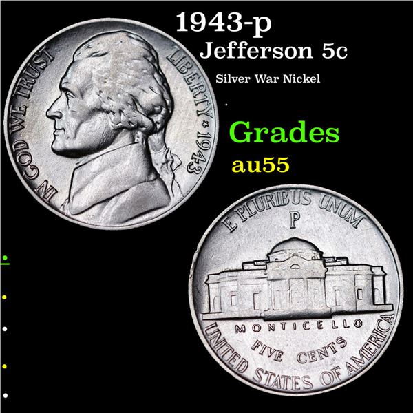 1943-p Jefferson Nickel 5c Grades Choice AU