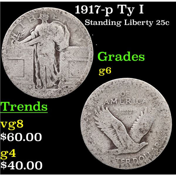 1917-p Ty I Standing Liberty Quarter 25c Grades g+