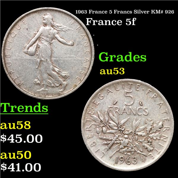 1963 France 5 Francs Silver KM# 926 Grades Select AU