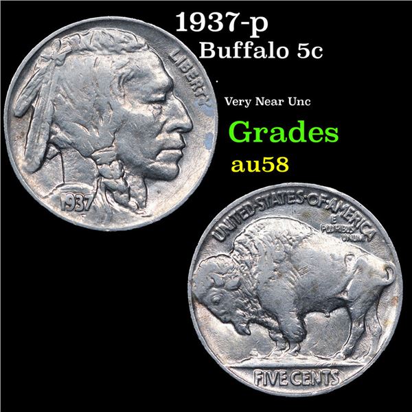 1937-p Buffalo Nickel 5c Grades Choice AU/BU Slider