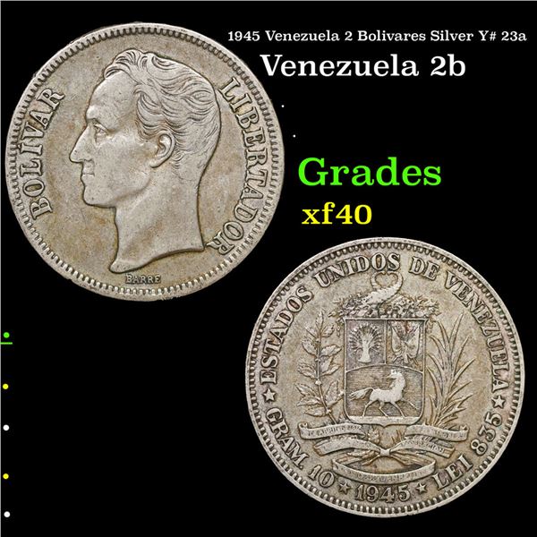 1945 Venezuela 2 Bolivares Silver Y# 23a Grades xf