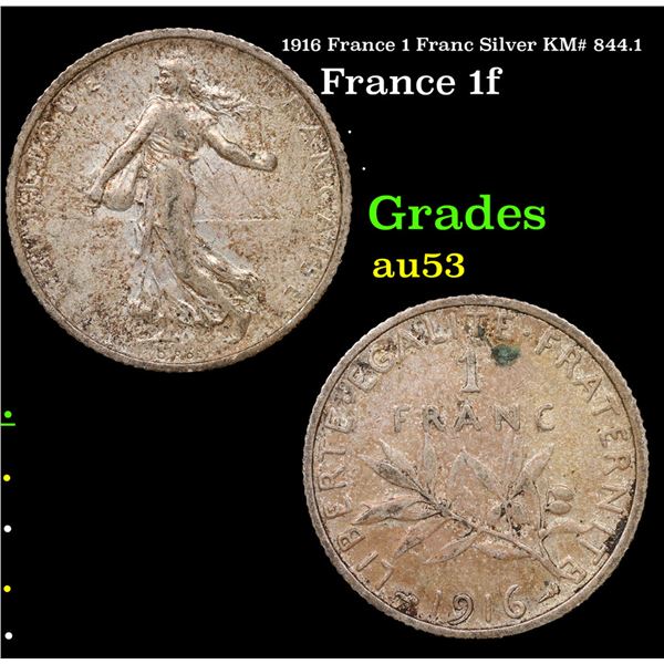 1916 France 1 Franc Silver KM# 844.1 Grades Select AU