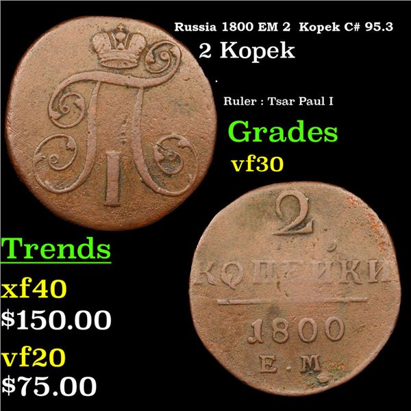 Russia 1800 EM 2  Kopek C# 95.3 Grades vf++