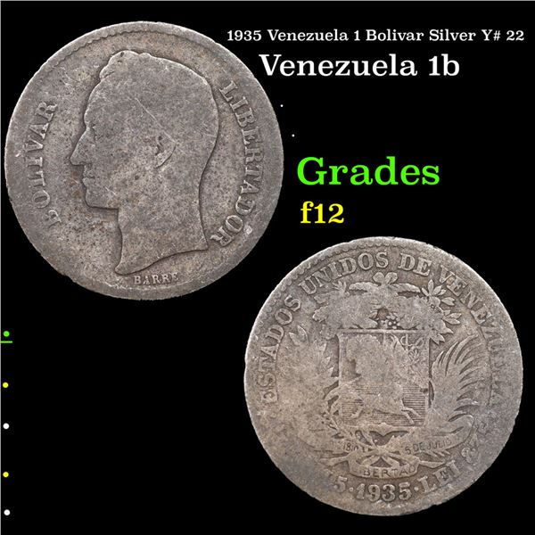 1935 Venezuela 1 Bolivar Silver Y# 22 Grades f, fine