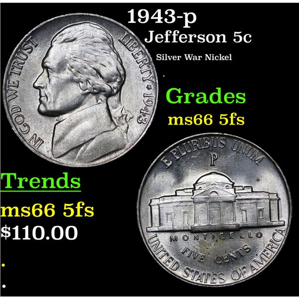 1943-p Jefferson Nickel 5c Grades GEM+ 5fs