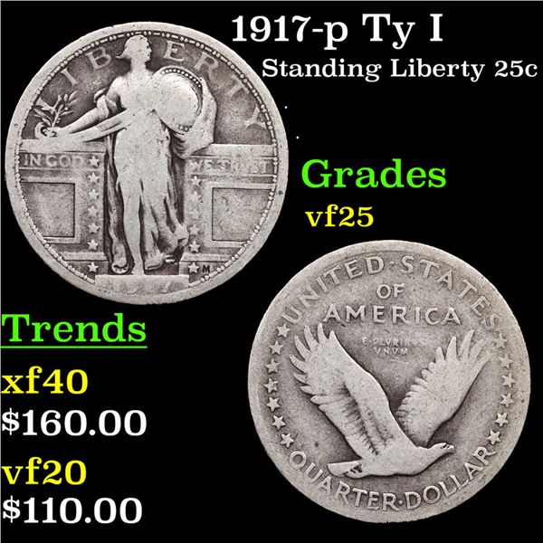 1917-p Ty I Standing Liberty Quarter 25c Grades vf+