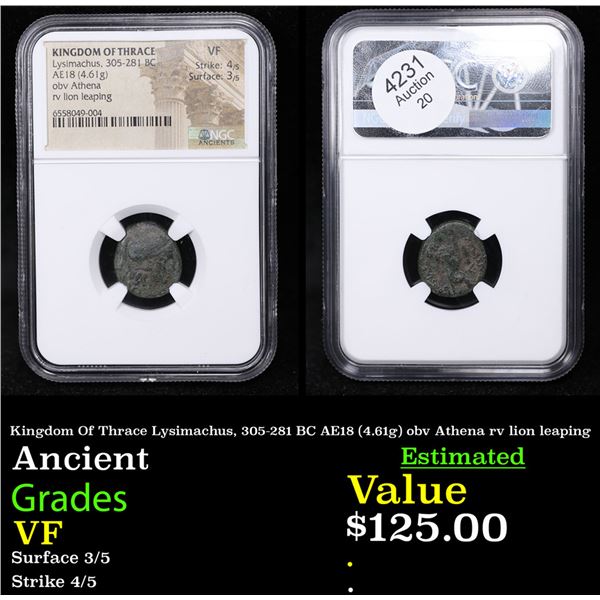 NGC Kingdom Of Thrace Lysimachus, 305-281 BC AE18 (4.61g) obv Athena rv lion leaping Graded VF By NG