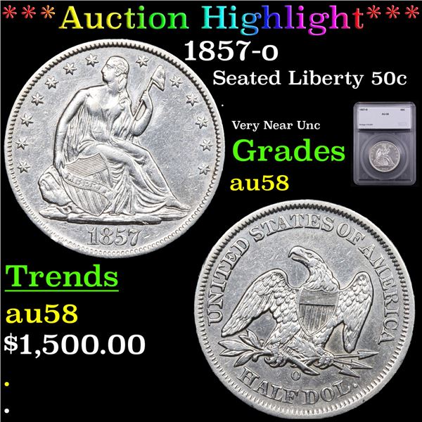 ***Auction Highlight*** 1857-o Seated Half Dollar 50c Graded au58 BY SEGS (fc)