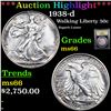 Image 1 : ***Auction Highlight*** 1938-d Walking Liberty Half Dollar 50c Graded GEM+ Unc BY USCG (fc)