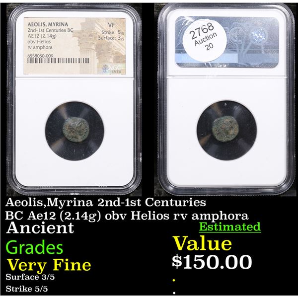 NGC Aeolis,Myrina 2nd-1st Centuries BC Ae12 (2.14g) obv Helios rv amphora Graded Very Fine By NGC