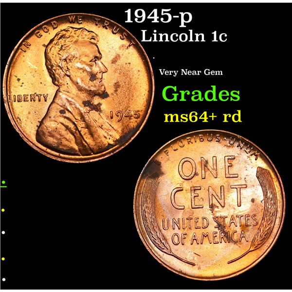 1945-p Lincoln Cent 1c Grades Choice+ Unc RD